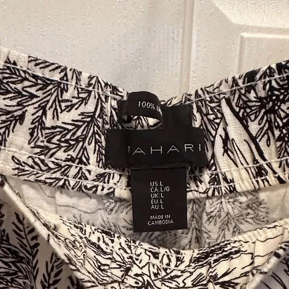 Tahari 100% Linen Wide Leg Black and White Floral Pants (Elastic Waist) Size Lar